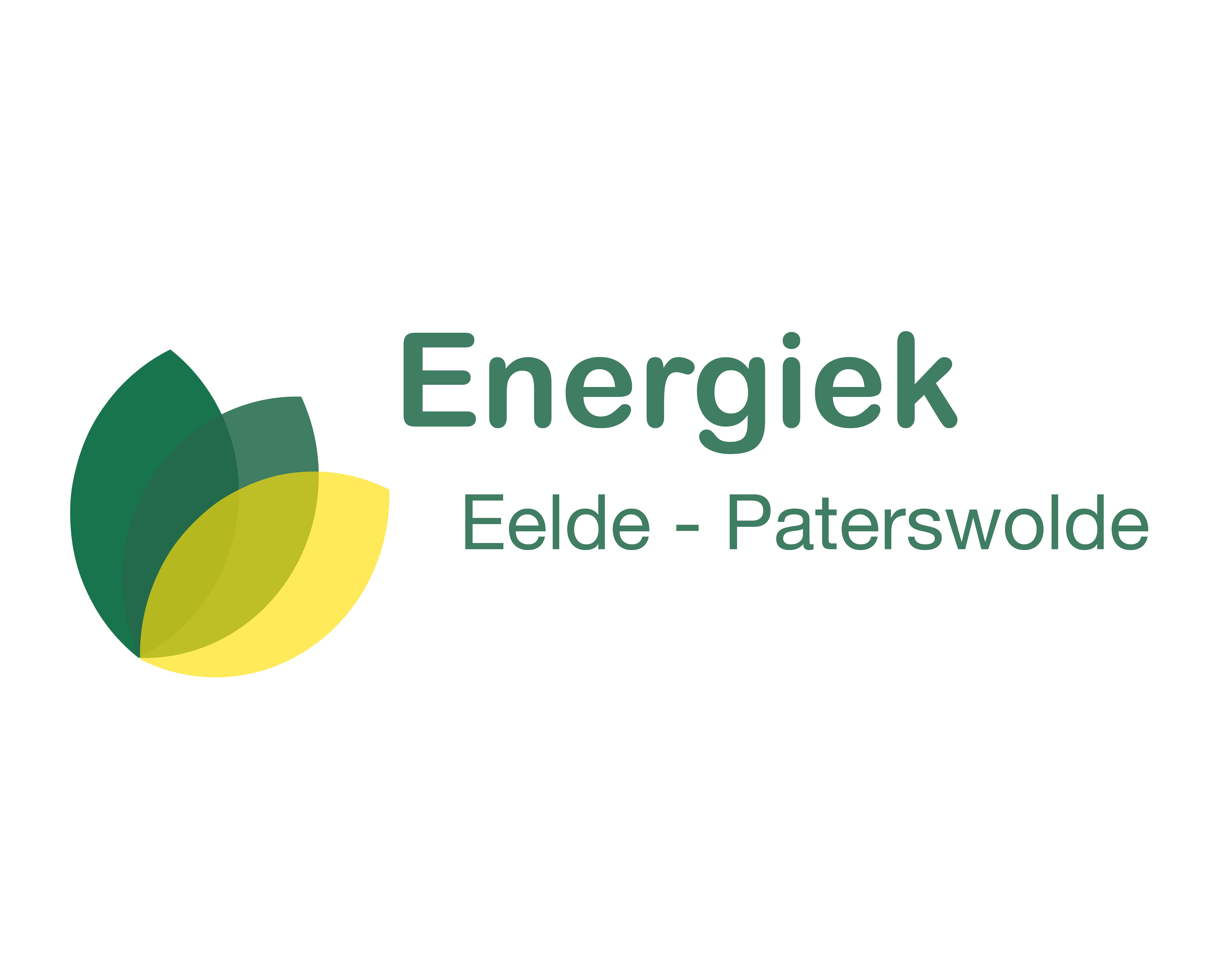 Logo Energiek Eelde-Paterswolde met getekende tulp met drie blaadjes in donkergroen en geel en de naam Energiek Eelde-Paterswolde
